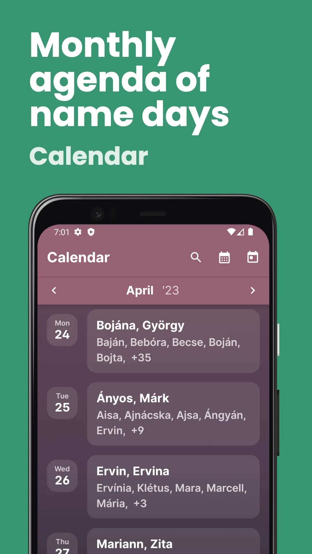Name day calendar